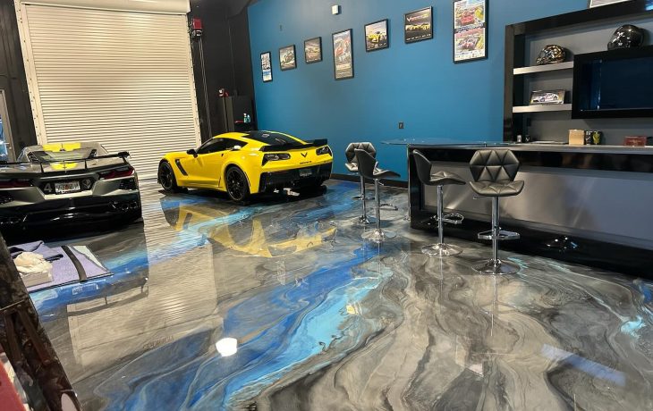 blue and grey metallic epoxy flooring